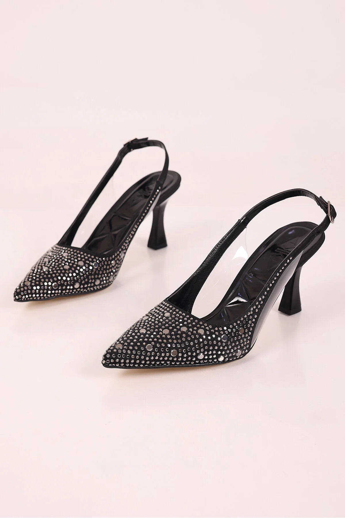 Arkası Açık Taşlı Abiye Kadın Topuklu Ayakkabı Stiletto Siyah