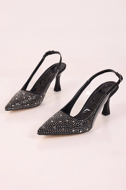 Arkası Açık Taşlı Abiye Kadın Topuklu Ayakkabı Stiletto Siyah