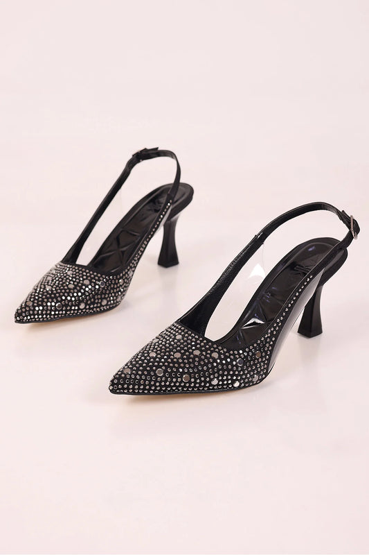 Arkası Açık Taşlı Abiye Kadın Topuklu Ayakkabı Stiletto Siyah