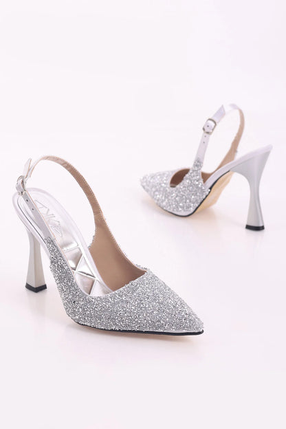 Arkası Açık Taş Kaplama Abiye Kadın Topuklu Ayakkabı Stiletto Gümüş Gri