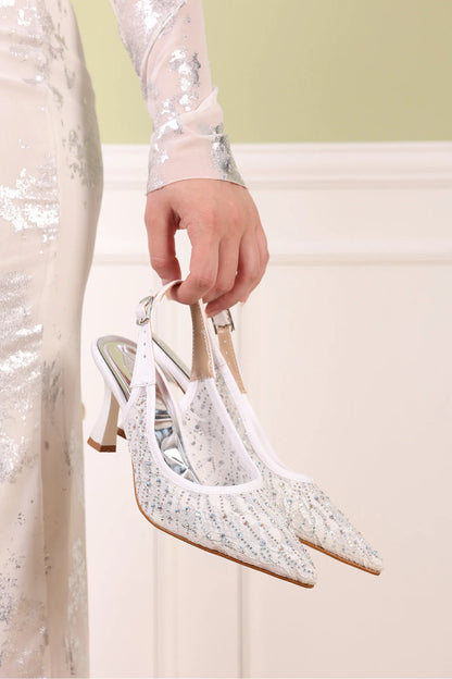 Kadın Stiletto Taş Detaylı Kumaş Abiye Topuklu Ayakkabı